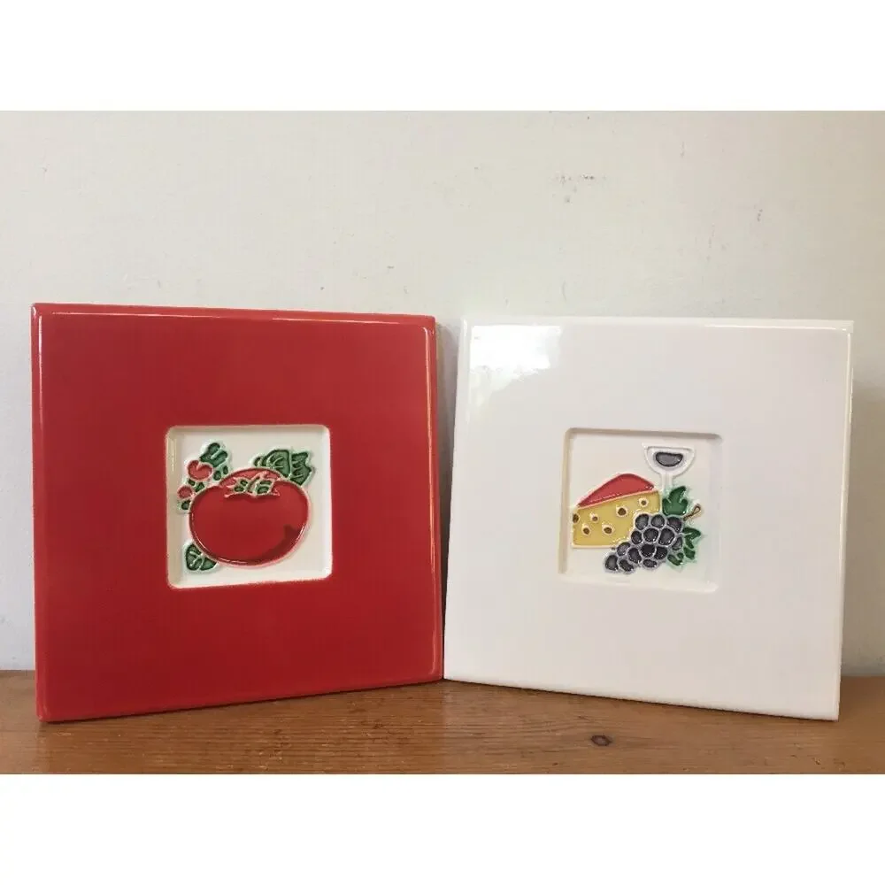 Pair Vtg Tomato Cheese Wine Red White Cork Backed Ceramic Tile Trivets 6